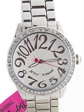 Betsey Johnson Silver Watch with Pink Heart Seconds Hand